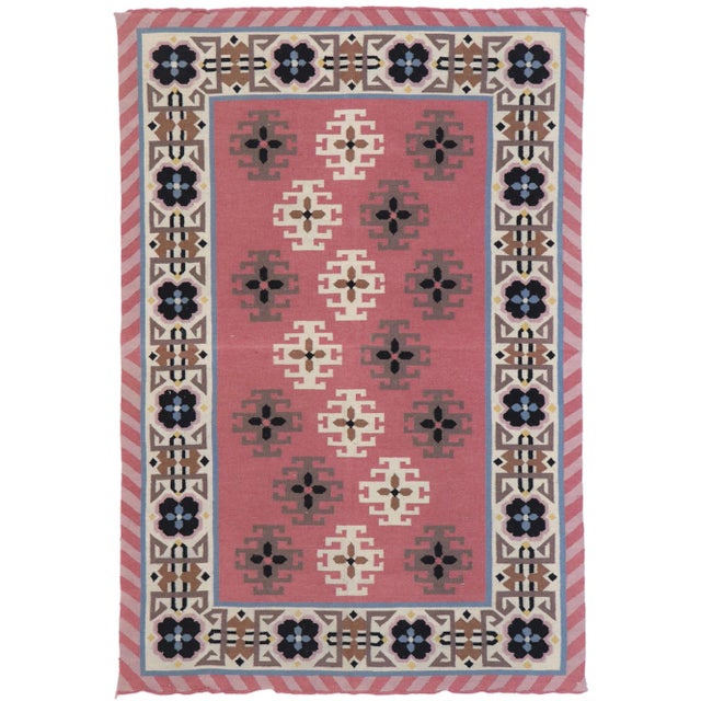 Vintage Romanian Geometric Kilim Rug - 04'00 X 05'11 For Sale - Image 9 of 9