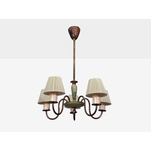 Mid-Century Modern 1950s Nordiska Kompaniet, Chandelier, Green Lacquered Wood, Brass For Sale - Image 3 of 13