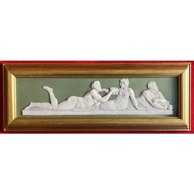Antique early 19th century Wedgwood sage green jasperware framed wall plaque - "Roman Banquet" circa 1800. Depicts three...