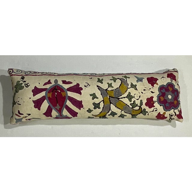 Single Long Antique Silk Embroidery Suzani Pillow For Sale - Image 10 of 12