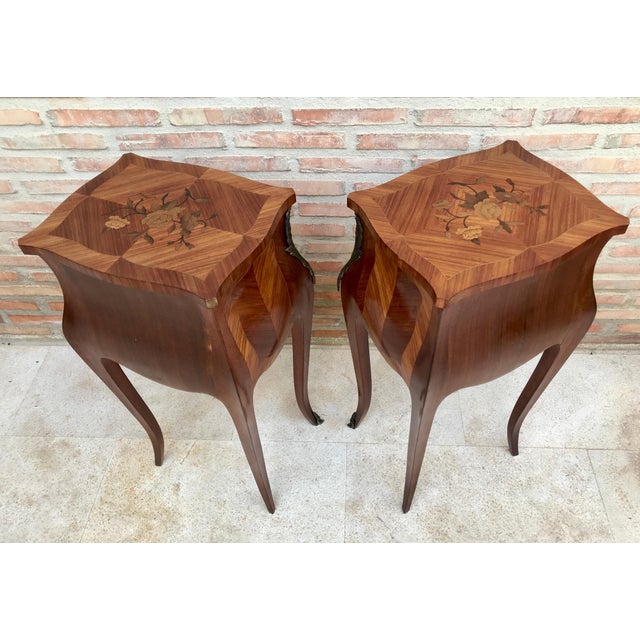 Pair of French Louis XV style nightstands with gorgeous floral and herringbone marquetry, herringbone inlaid box, gilt...