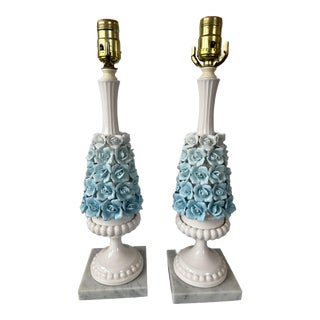 Pair Vintage Capodimonte Blue Ombre Roses on White Porcelain Vase and Italian Carrara Marble Square For Sale