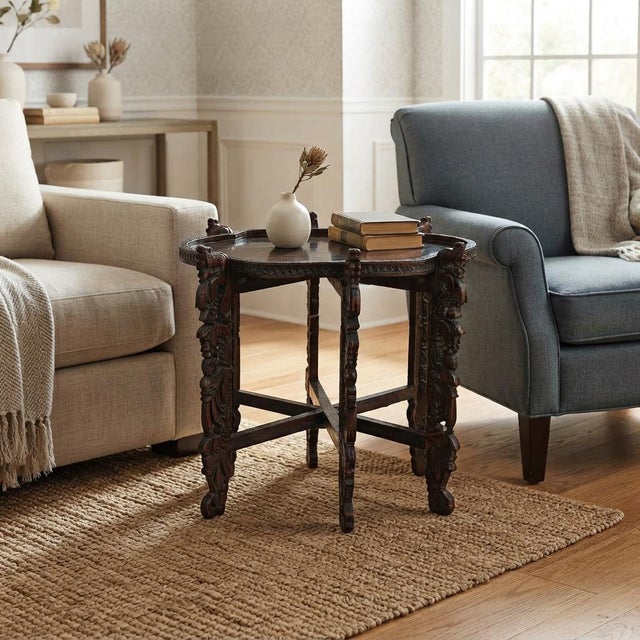 Vintage Oval Curve Shape Folding Cross Brace Stand Side Table For Sale - Image 4 of 10