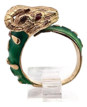 1960s Enamel Ram Ring With Rubies 14 & 18k Yellow Gold, Size 8