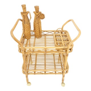 Very Fine c1950s Bent Bamboo Serving Cart on Wheels w/ Bottle Cases Holders For Sale