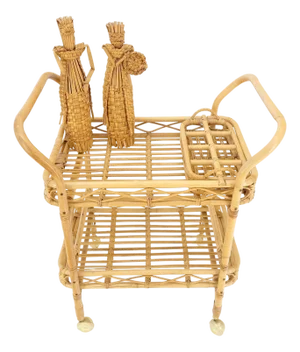 Very Fine c1950s Bent Bamboo Serving Cart on Wheels w/ Bottle Cases Holders