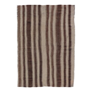 Vintage Turkish Kilim Rug in Ivory and Deep Brown Striped Design For Sale