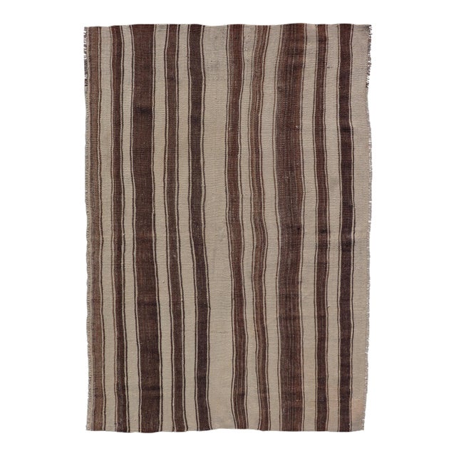 Vintage Turkish Kilim Rug in Ivory and Deep Brown Striped Design For Sale