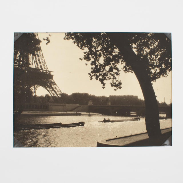 An original silver gelatin black and white photograph. Paris, the River Seine, and the Eiffel Tower, circa 1940. Features:...