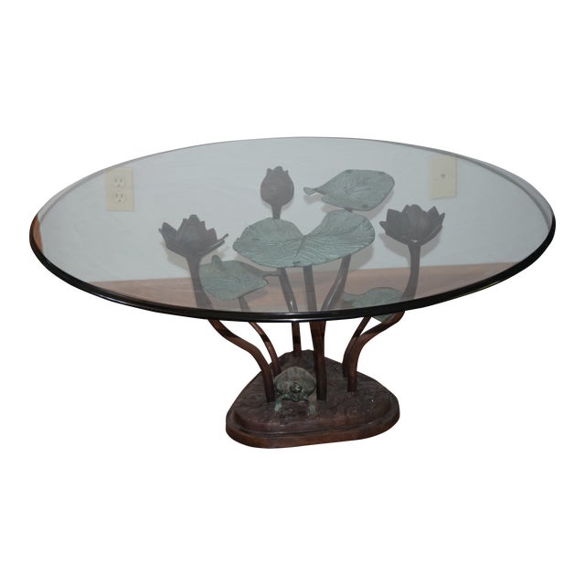 1960s Bronze Lily Pad Turtle Statue Cocktail / Coffee W Table Glass Top For Sale