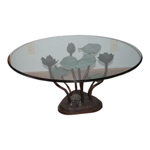 1960s Bronze Lily Pad Turtle Statue Cocktail / Coffee W Table Glass Top
