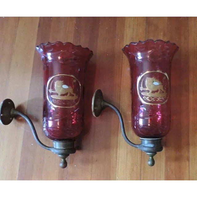 English 19th Century English Blown & Cut Ruby with Gilt Lion Crest Glass Wall Sconces - A Pair For Sale - Image 3 of 11
