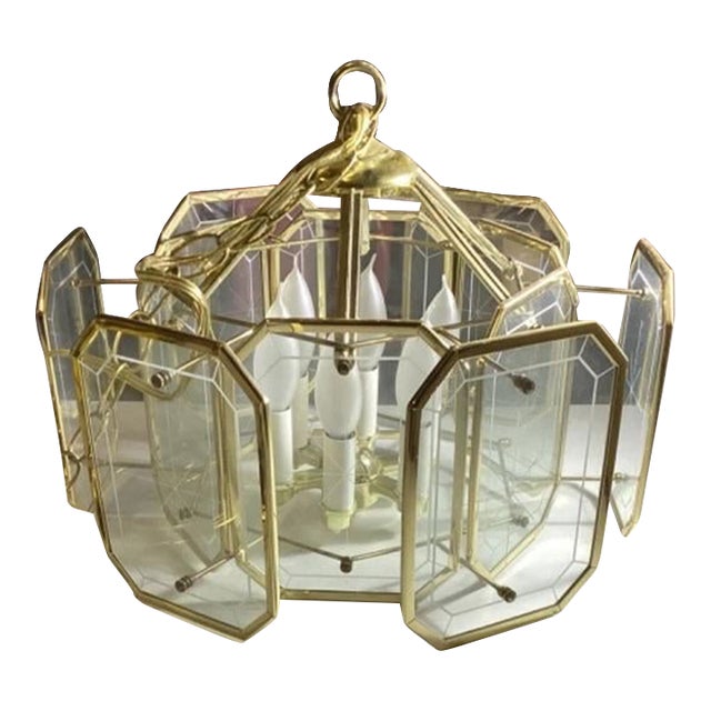 Vintage Brass & Glass Starburst Chandelier 16" Hanging Ceiling Light Fixture For Sale