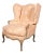 With arched back and removable wings and upholstered back with down cushion seat, molded carved arms , raised on cabriole...