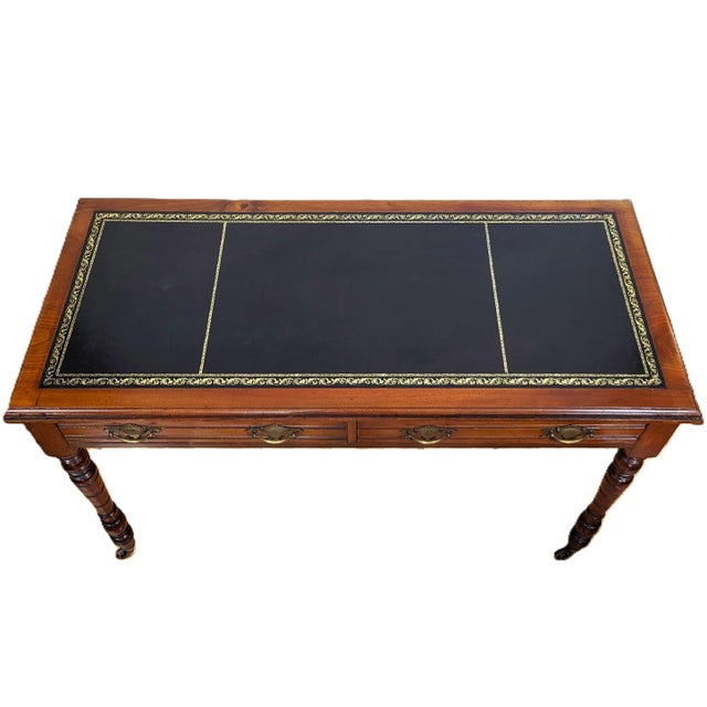 Brown 19th C English Victorian Carved & Gilt Tooled Leather Top Library Table Desk For Sale - Image 8 of 17