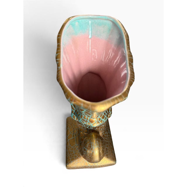 Vintage Gold & Turquoise Crackle Glaze Sculptural Ceramic Vase With Pink Interior For Sale In Portland, ME - Image 6 of 7