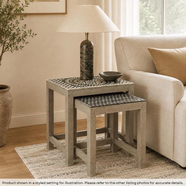 Transform your home into a sanctuary of sophisticated design with our Distressed Gray Nesting Tables with Handcrafted...