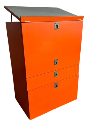 Orange Chest of Drawers with Fold-Out Work Surface and Slanted Top