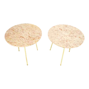 1970s Pair Round Rouge Marble Top Tri Legged Brass Base Mid-Century Modern End Tables