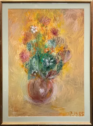 1980s Flowers in Vase. Still Life Floral Painting by Michael Forster, Framed