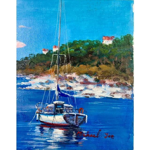 Sailboat Seascape Cove Scene, Original Oil on Canvas For Sale - Image 6 of 6