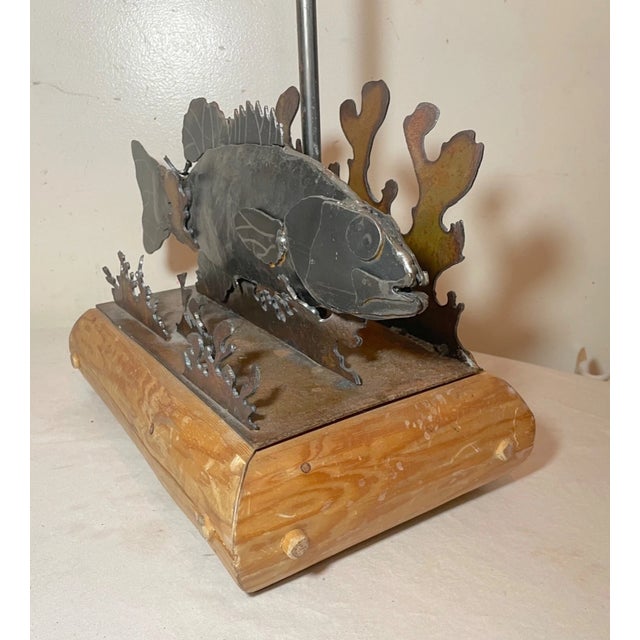 Vintage Handmade Folk Art Cut Sculpted Steel Metal Wood Figural Fish Table Lamp For Sale - Image 9 of 12
