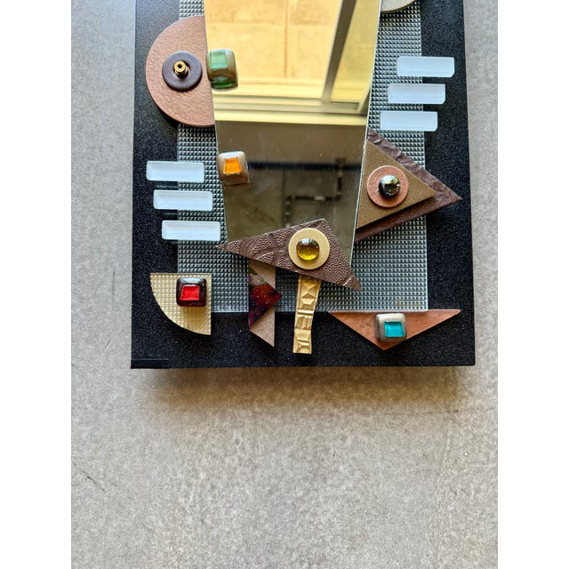 Postmodern Mixed Media Studio Glass Mirror Asymmetrical Memphis Style Geometric Brutalist Wall Sculpture For Sale - Image 16 of 18