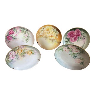 Rare Set of Five Antique Hand-Painted Limoges Rose Cabinet Plates by j.a. Tompkins, C. 1900–1910 For Sale