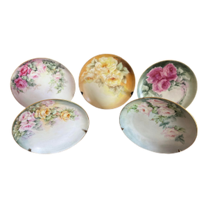 Rare Set of Five Antique Hand-Painted Limoges Rose Cabinet Plates by j.a. Tompkins, C. 1900–1910