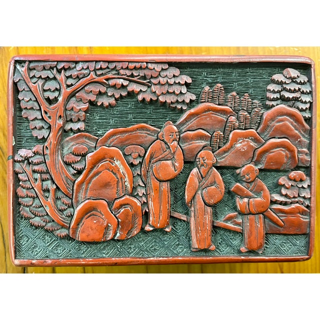 Paint Antique 19th Century Chinese Carved Red Cinnabar Lacquer Table Box For Sale - Image 7 of 18