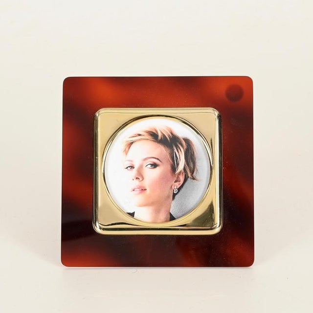 Tortoiseshell Acrylic Glass and Brass Photo Frame from Christofle, France, 1970s For Sale - Image 3 of 10