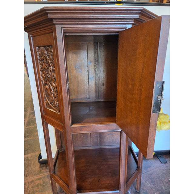Gothic Oak French Highly Carved Liquor Cabinet With Gothic Foliage and Original 1880s Key For Sale - Image 12 of 13