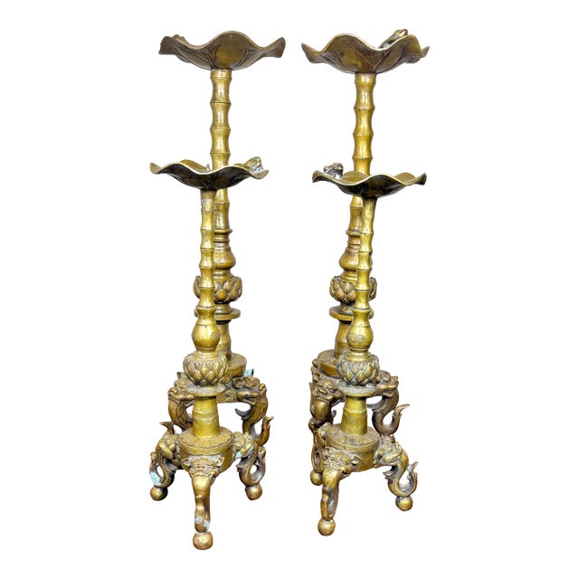 1940s Ornate Brass Candlestick Holders Set of 4 For Sale