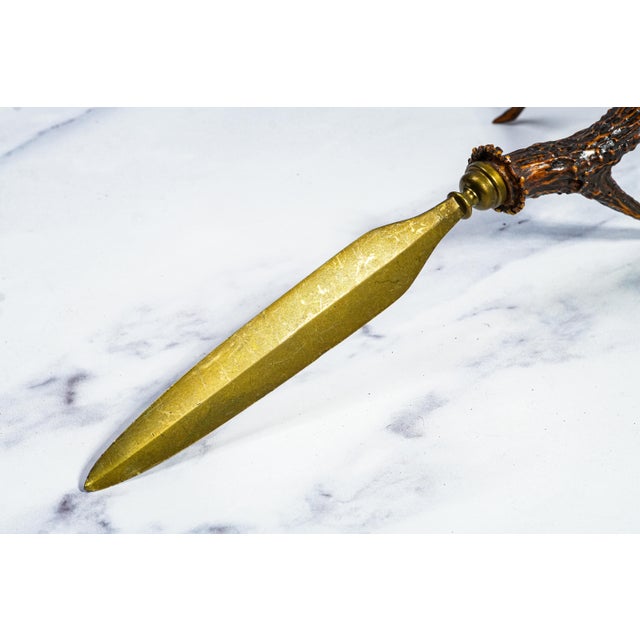 Impressive Large Antler Brass Desk Letter Opener Rustic Home Office Decor For Sale - Image 9 of 12