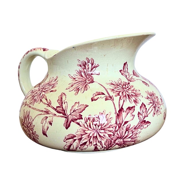 Antique French Pitcher & Bowl Set – Longwy & Sarreguemines, Red Transferware, Circa 1900 For Sale - Image 6 of 10