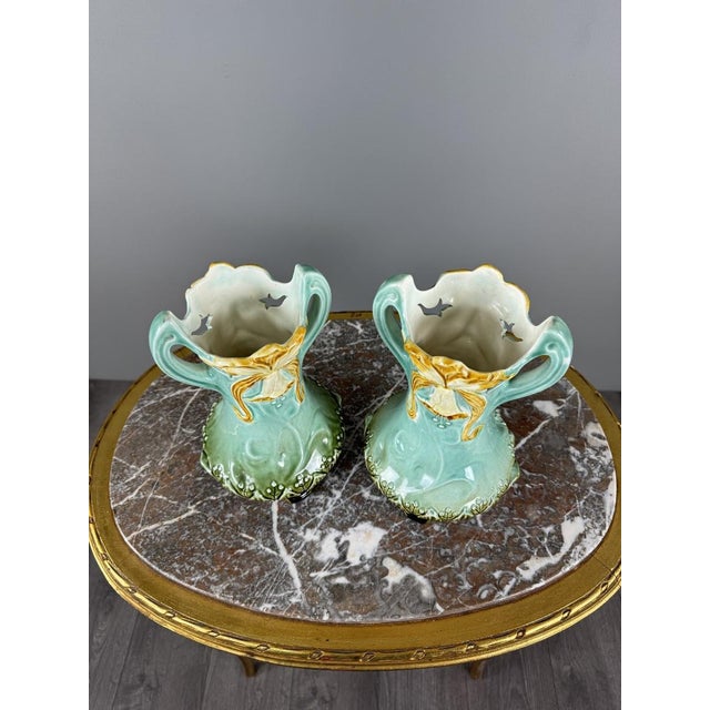 20th Century Art Nouveau Glazed Ceramic Vases with Floral Decoration, Set of 2 For Sale - Image 9 of 10