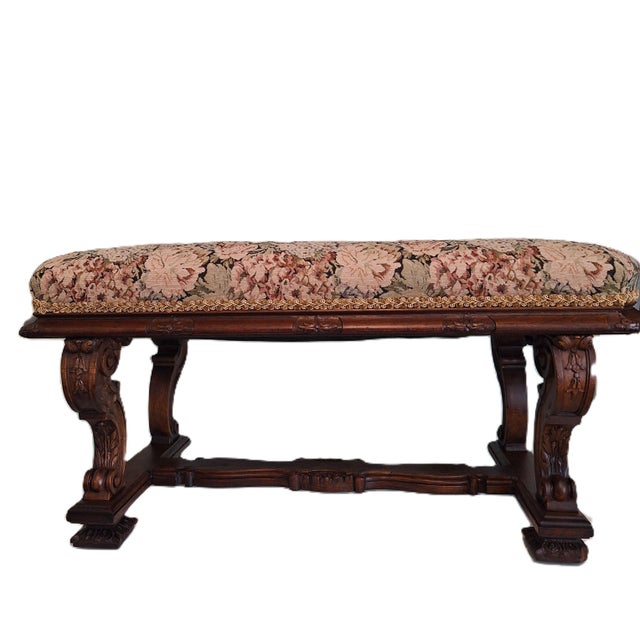 1900s Antique Upholstered Horsehair stuffing wooden Bench. Features horsehair stuffing a hallmark of quality from the era....