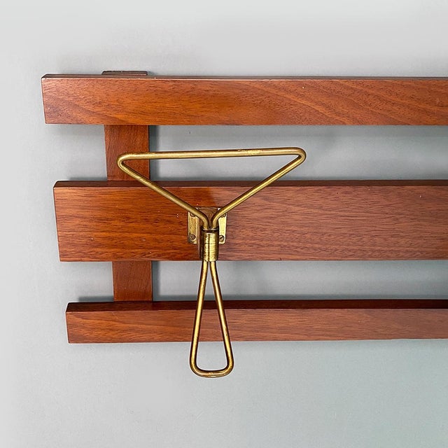 Brown Mid-Century Italian Modern Wood and Brass Wall Coat Hanger, 1960s For Sale - Image 8 of 14