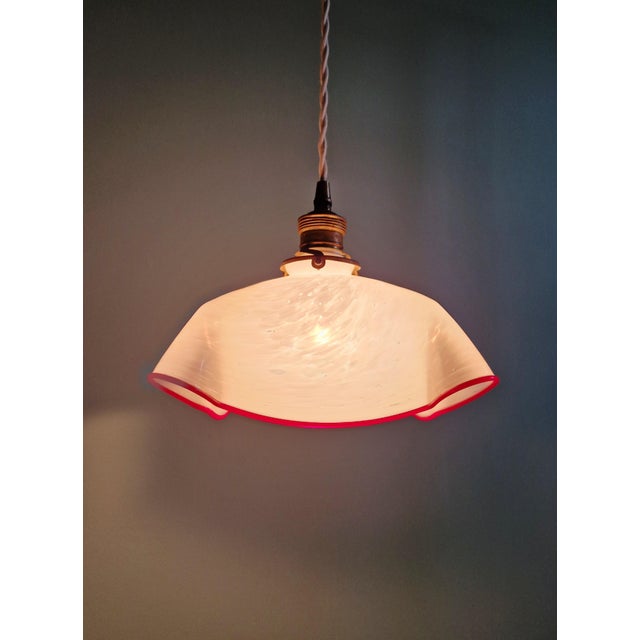 Copper Art Deco Pendant Light in Pleated Speckled Glass, 1930s For Sale - Image 8 of 14