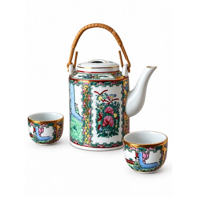 Glass Mid 20th Century Chinese Rose Medallion Porcelain Teapot With Wrapped Cane Handle & Two Cups — 3-Piece Set For Sale - Image 7 of 11