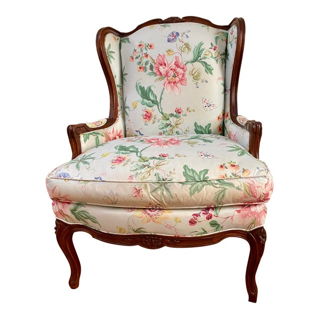 Hickory Chair Carved Wood and Brunschwig and Fils Fabric Upholstered