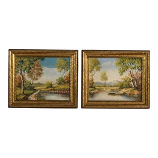 Framed Pair of Signed Oil on Board Landscape Paintings in Gilt Frames For Sale