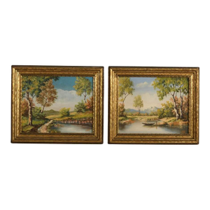 Framed Pair of Signed Oil on Board Landscape Paintings in Gilt Frames