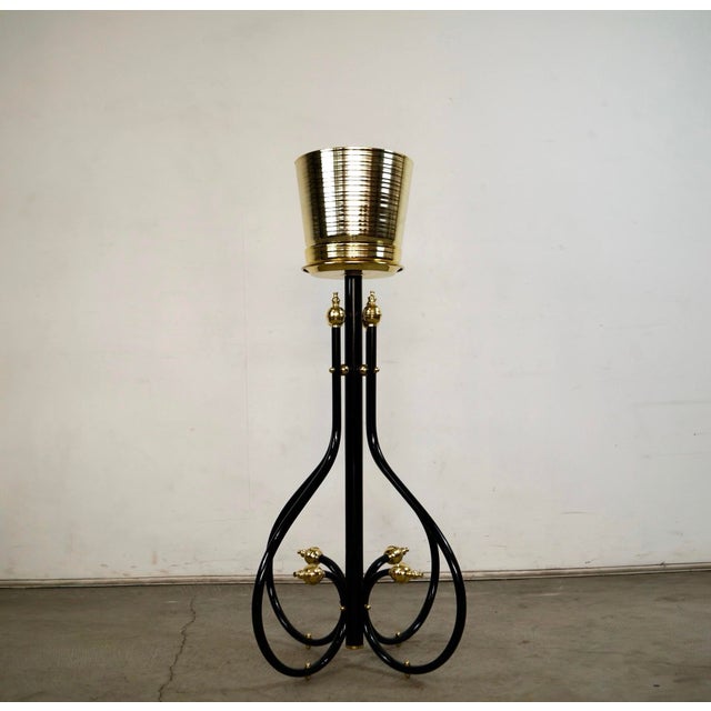 Art Deco 1980’s Hollywood Regency Black & Brass Plant Stand & Planter For Sale - Image 3 of 12