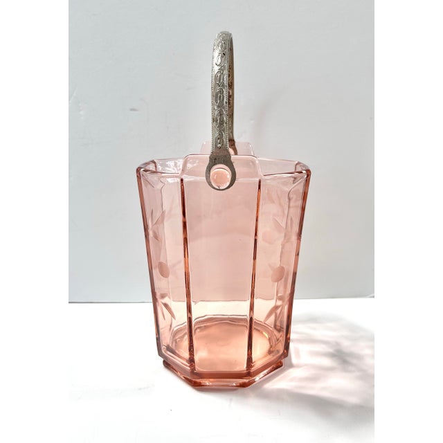 Vintage Pink Depression Glass Ice Bucket With Floral Etching and Silverplate Tongs For Sale - Image 4 of 9