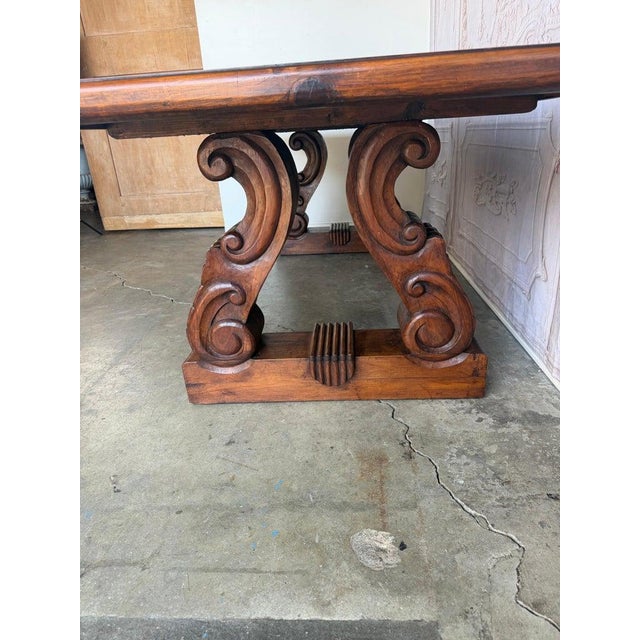 Spanish Colonial Revival Walnut Dining Table With Hand-Carved Scroll For Sale - Image 4 of 17