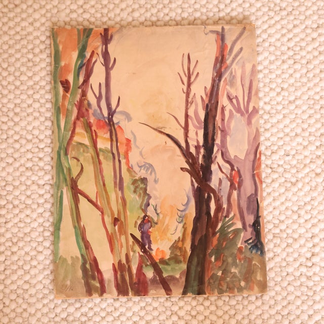 20th Century French Hiker Painting depicting a lone figure moving through a woodland landscape, rendered in loose,...