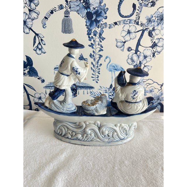 Vintage Blue & White Porcelain Chinese Fishermen in Boat For Sale - Image 9 of 11