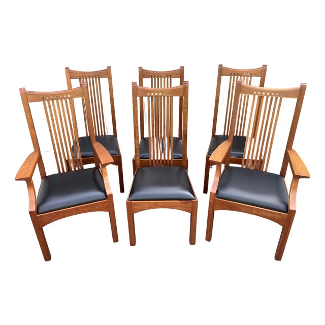 Stickley 21st Century Collection Cherry & Leather Mission Dining Chairs- Set of 6 For Sale