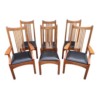 Stickley 21st Century Collection Leather & Cherry Mission Dining Chairs- Set of 6 For Sale